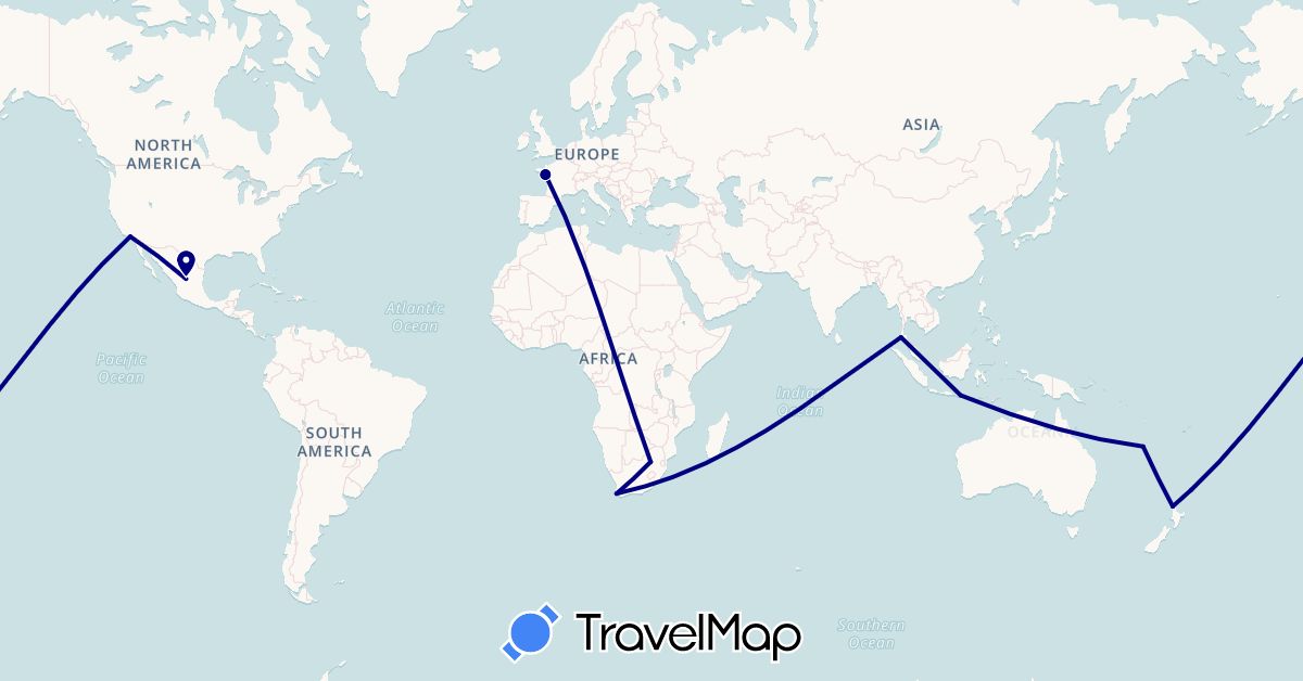 TravelMap itinerary: driving in France, Indonesia, Mexico, New Caledonia, New Zealand, Thailand, United States, South Africa (Africa, Asia, Europe, North America, Oceania)